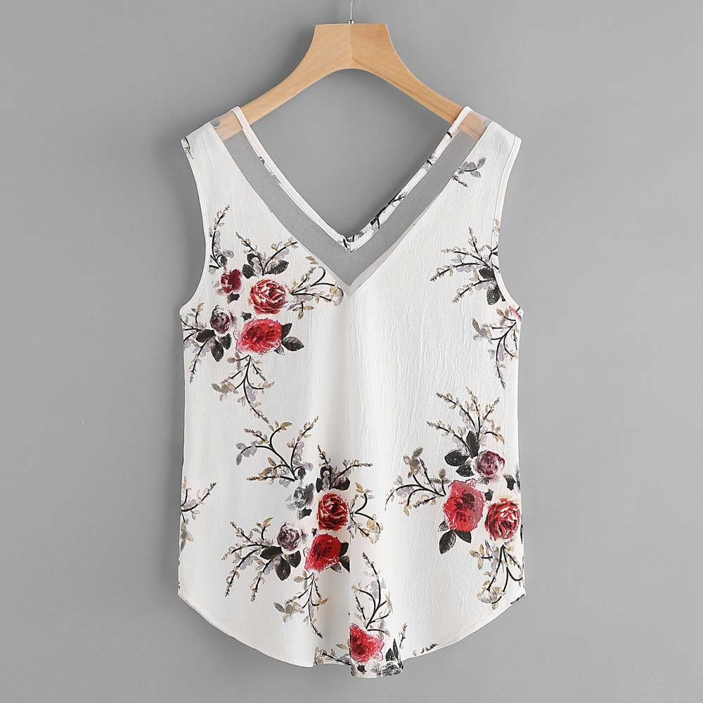 Women Boho Floral Print Top Double V Neck Sleeveless