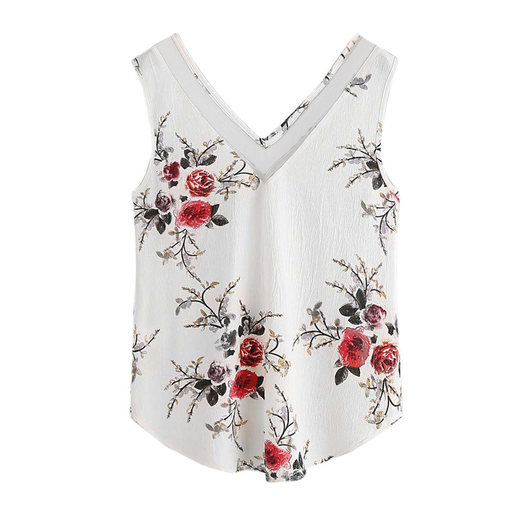 Women Boho Floral Print Top Double V Neck Sleeveless