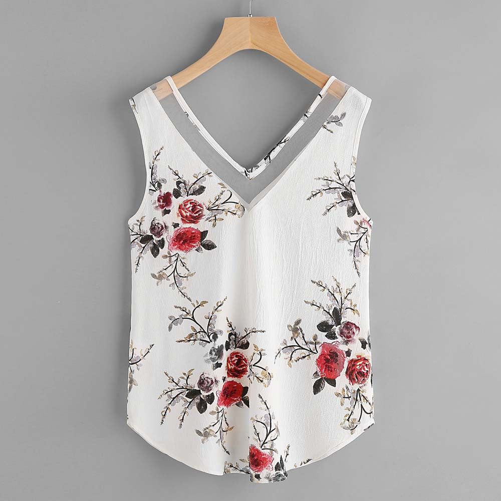 Women Boho Floral Print Top Double V Neck Sleeveless