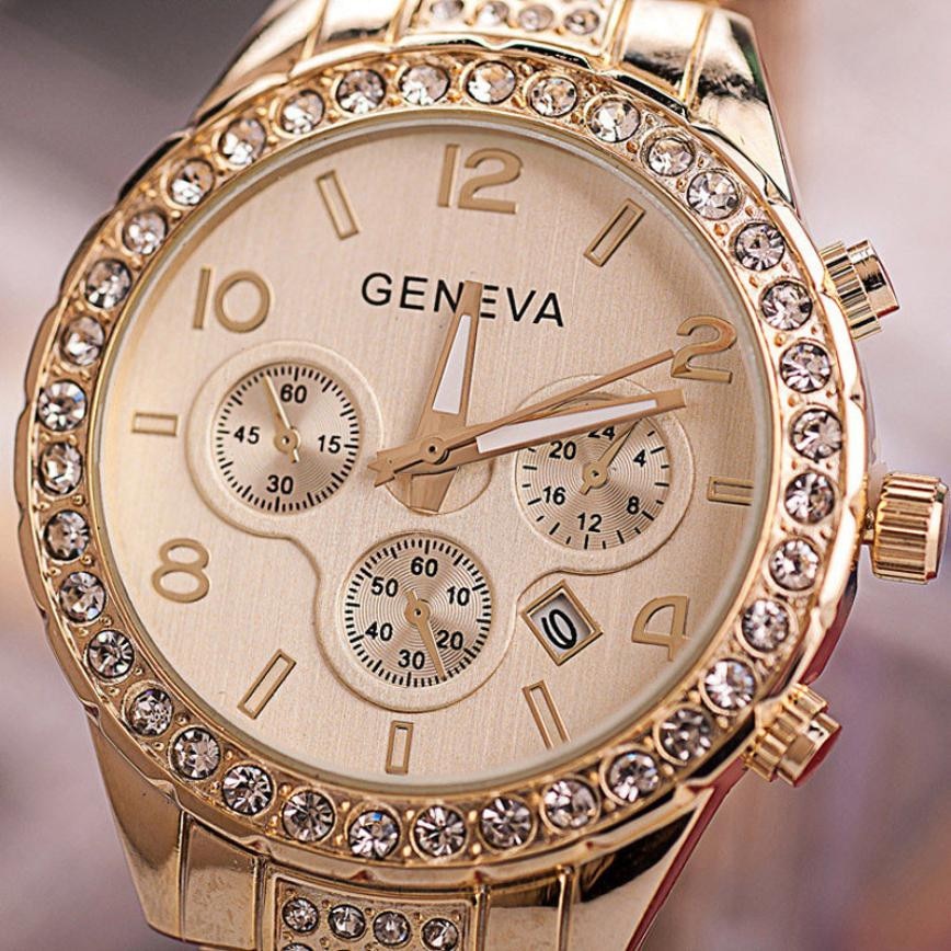 Luxury Crystal Quartz Watch Women Stainless Steel Geneva