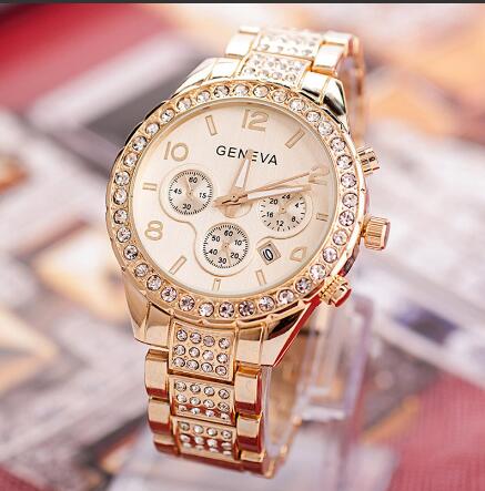 Luxury Crystal Quartz Watch Women Stainless Steel Geneva