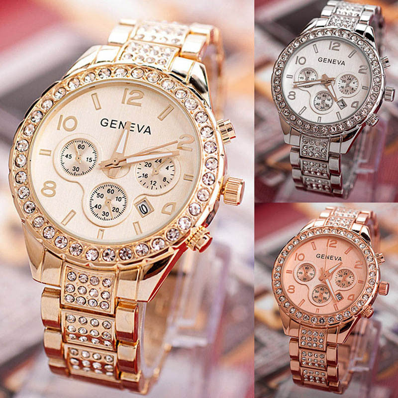 Luxury Crystal Quartz Watch Women Stainless Steel Geneva