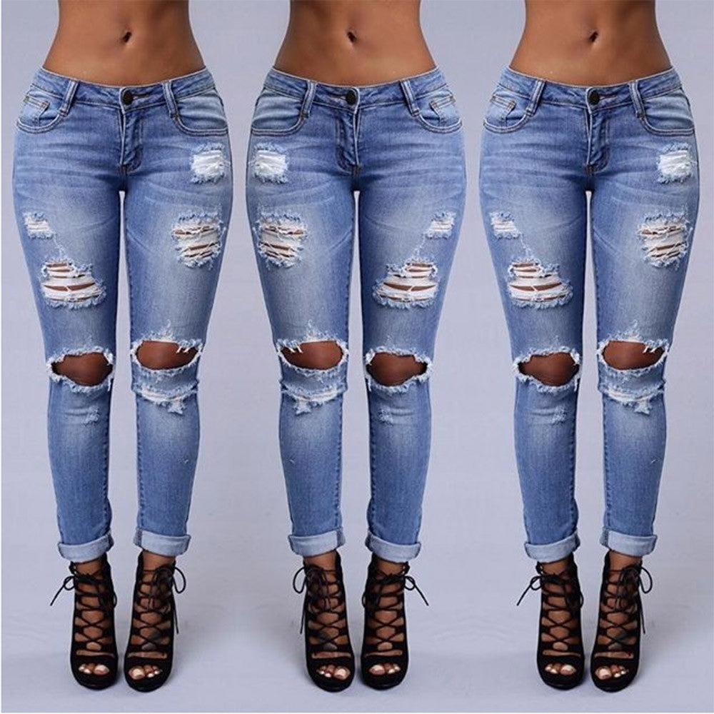 High Waist Jeans Of Women Spring Pants Capris Sexy Hole Pencil