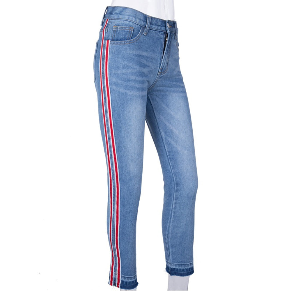 High Waist Ripped Jeans Of Women Spring Pants Capris Side Strip Ankle-Length Stretch Slim Jeans