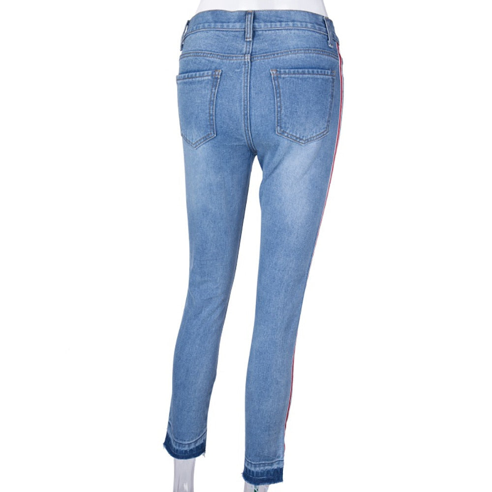 High Waist Ripped Jeans Of Women Spring Pants Capris Side Strip Ankle-Length Stretch Slim Jeans