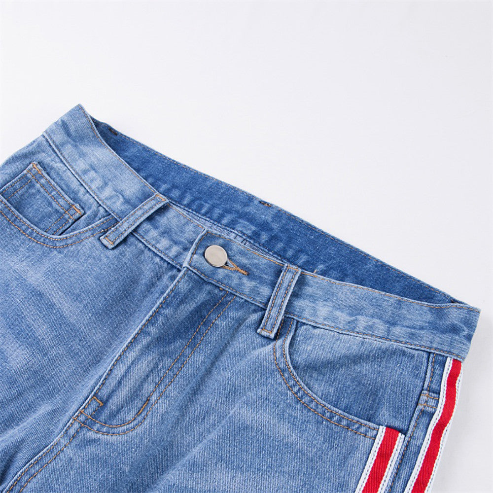 High Waist Ripped Jeans Of Women Spring Pants Capris Side Strip Ankle-Length Stretch Slim Jeans