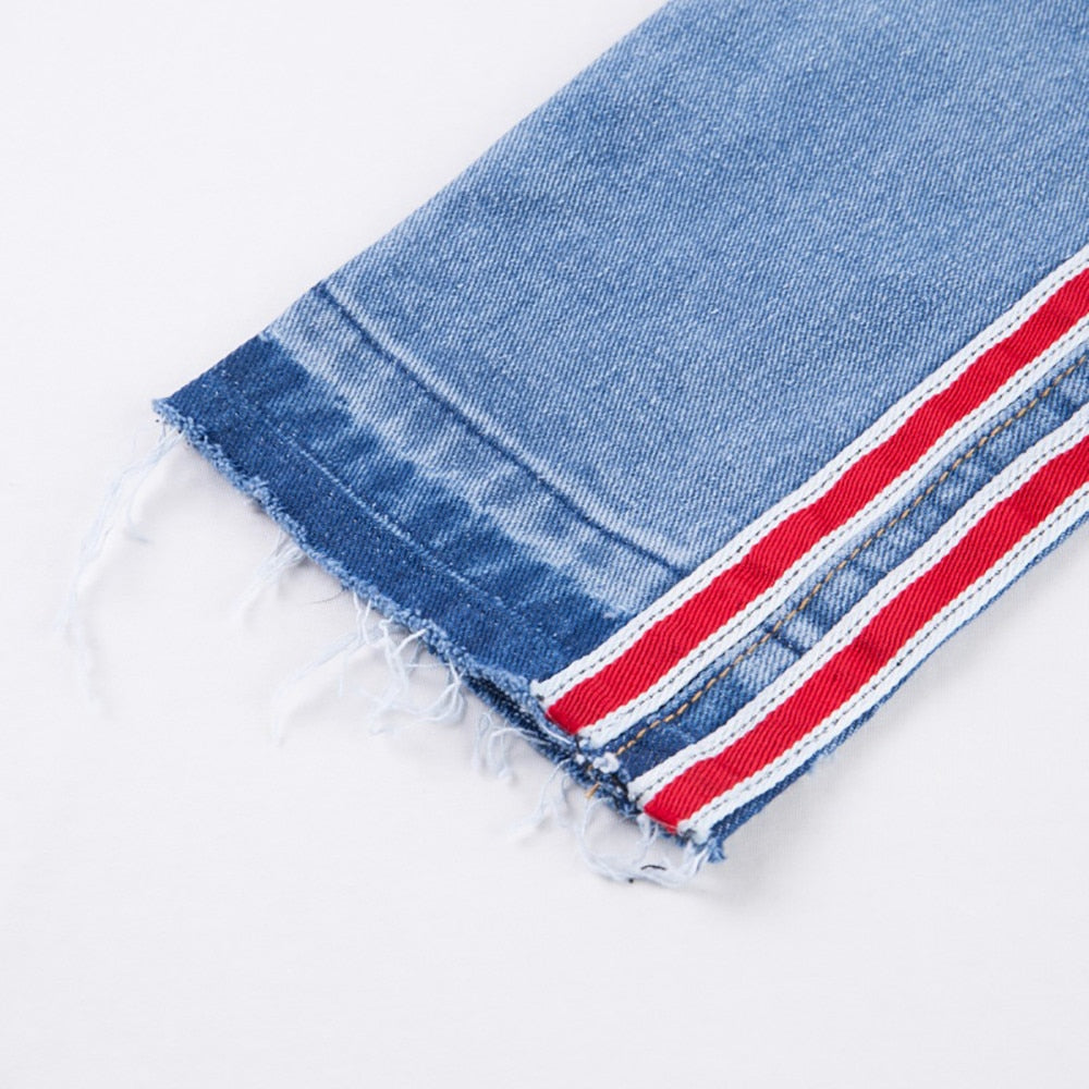 High Waist Ripped Jeans Of Women Spring Pants Capris Side Strip Ankle-Length Stretch Slim Jeans