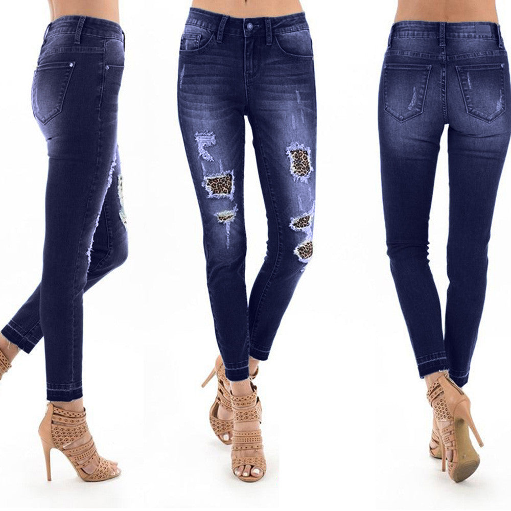 High Waist Ripped Jeans Of Women Spring Pants Capris Elastic ShreddLeopard Print Denim