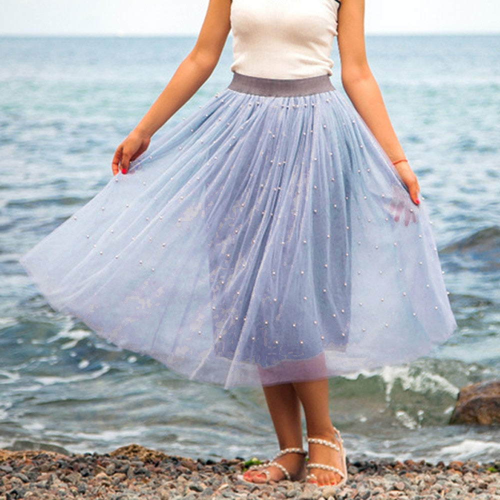Spring Skirt Of Women Plus Size Bead Mesh Tulle Pleated Princess