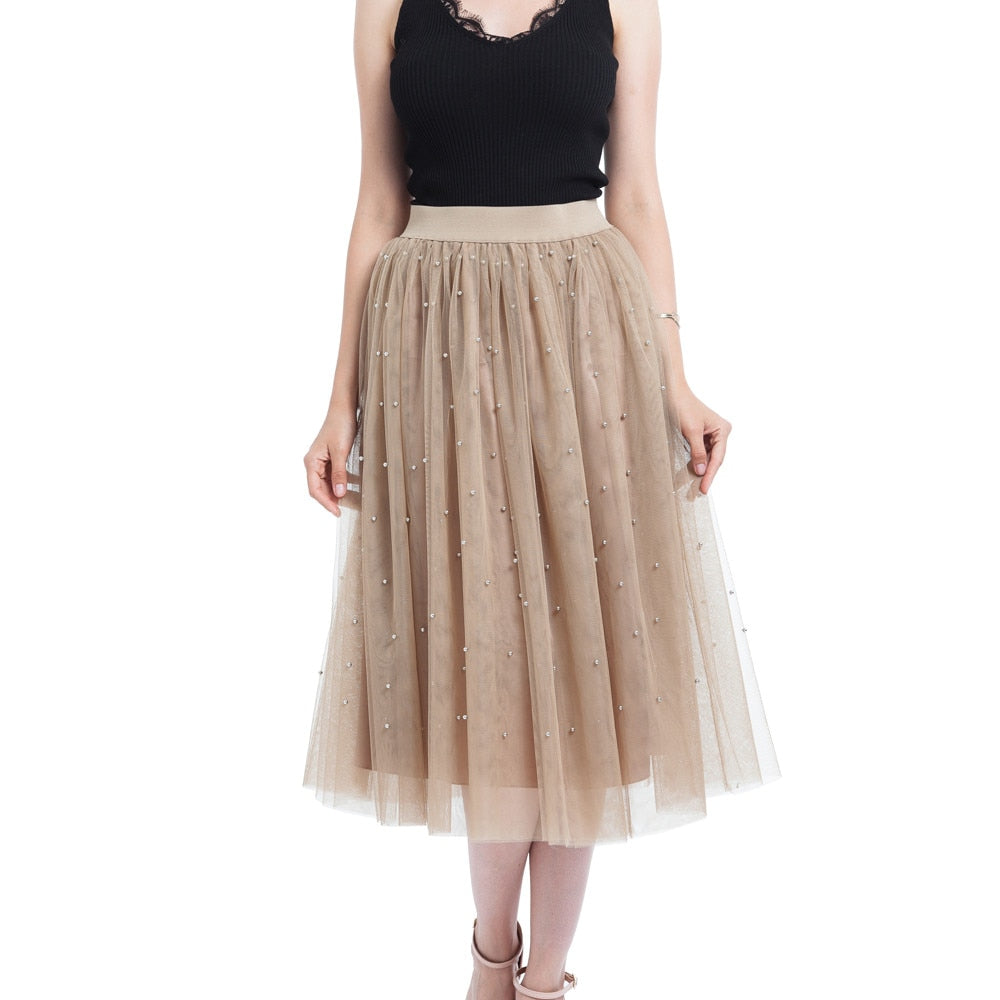 Spring Skirt Of Women Plus Size Bead Mesh Tulle Pleated Princess