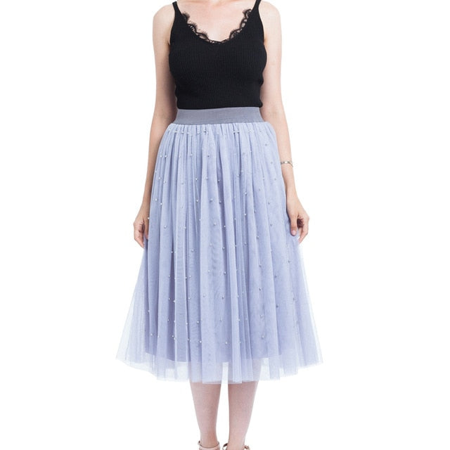 Spring Skirt Of Women Plus Size Bead Mesh Tulle Pleated Princess