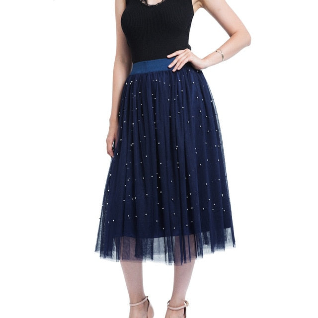 Spring Skirt Of Women Plus Size Bead Mesh Tulle Pleated Princess