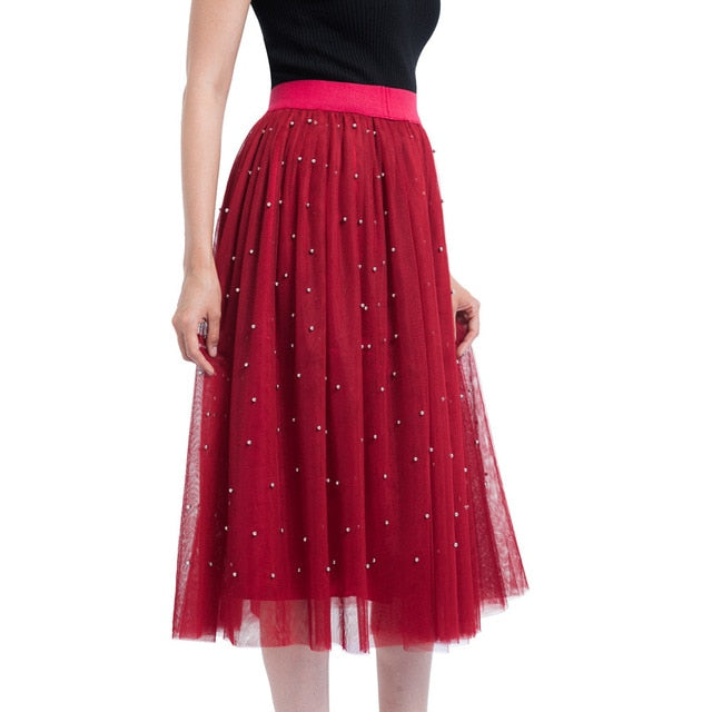 Spring Skirt Of Women Plus Size Bead Mesh Tulle Pleated Princess
