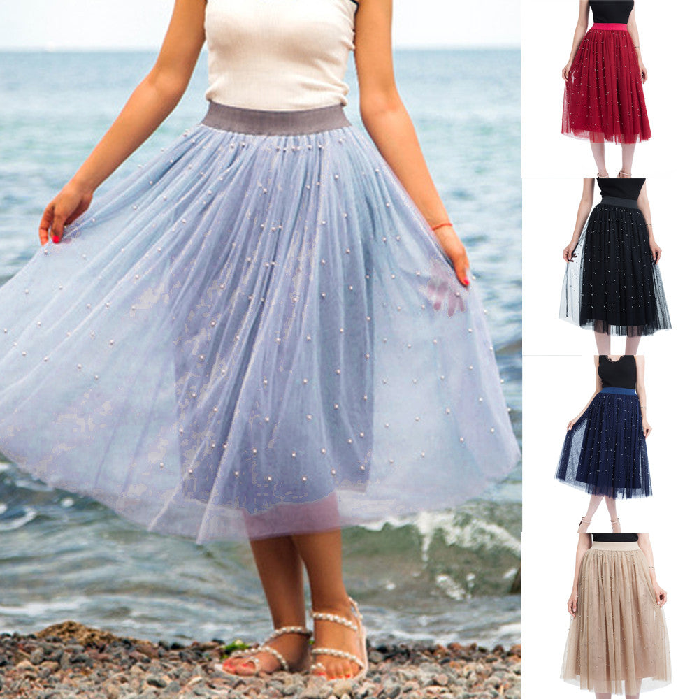 Spring Skirt Of Women Plus Size Bead Mesh Tulle Pleated Princess