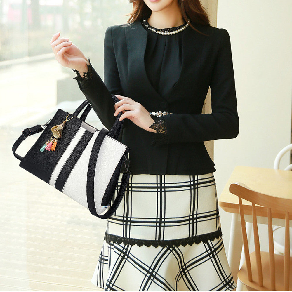 Fashion Women Rose Tassels Crossbody Bag PU Leather Patchwork