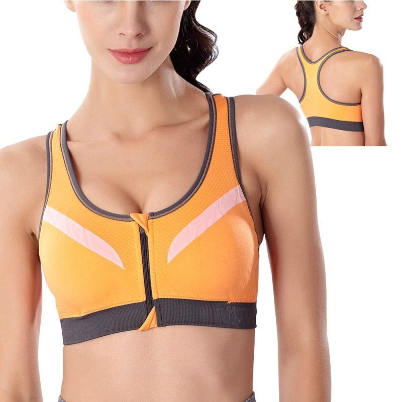 Women Sports Bra Front Zipper Breathable Wire Free Running Yoga Fitness