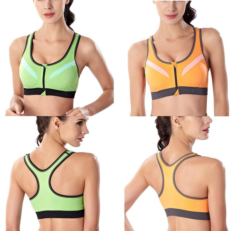 Women Sports Bra Front Zipper Breathable Wire Free Running Yoga Fitness