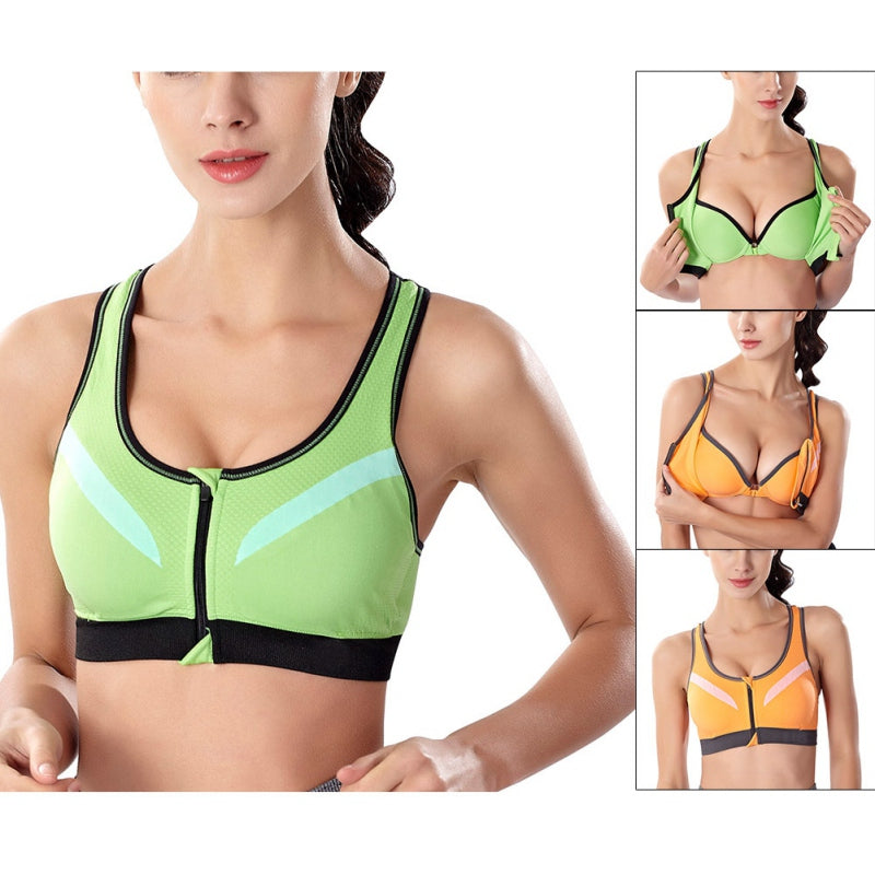 Women Sports Bra Front Zipper Breathable Wire Free Running Yoga Fitness