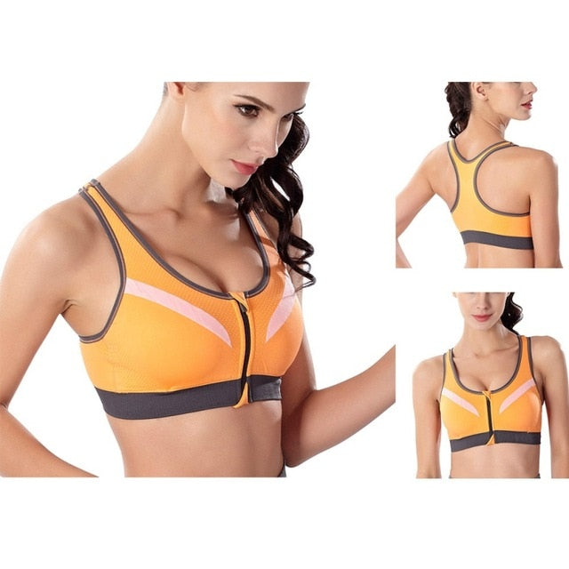 Women Sports Bra Front Zipper Breathable Wire Free Running Yoga Fitness