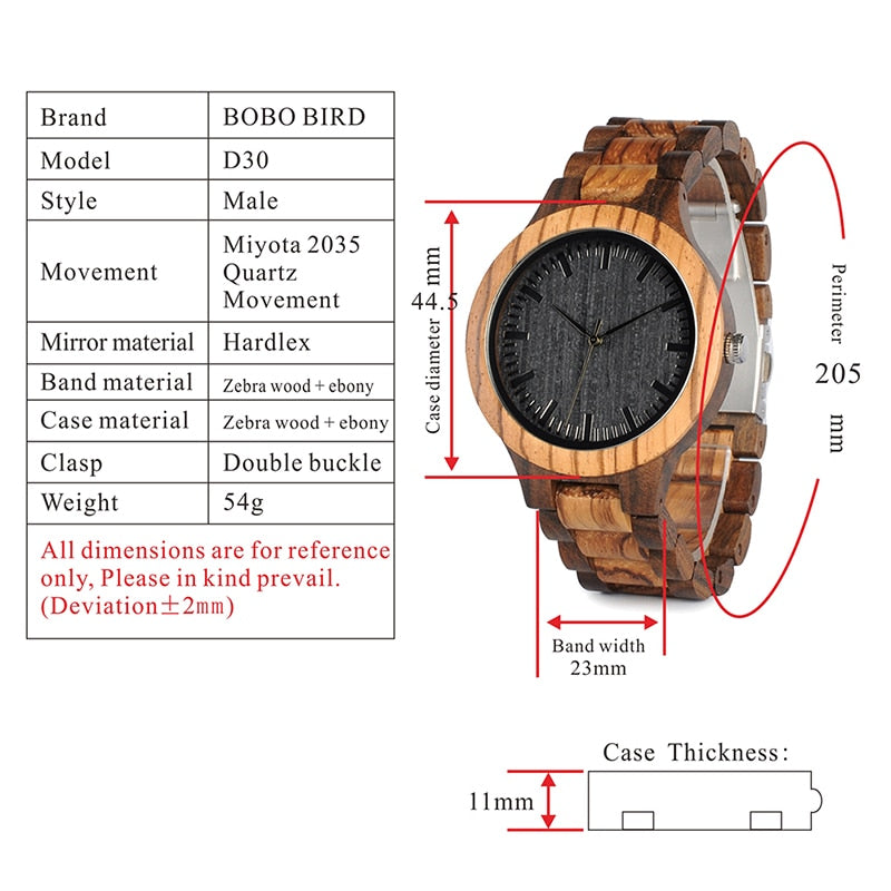 Wood Men Watch Zabra Wooden Timepieces Quartz Watches for Men