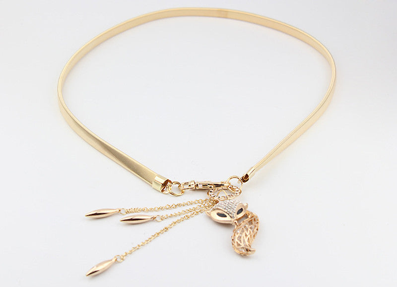 Cute Charming Women Little Fox Stretch Rhinestone Gold Waist Chain Belt