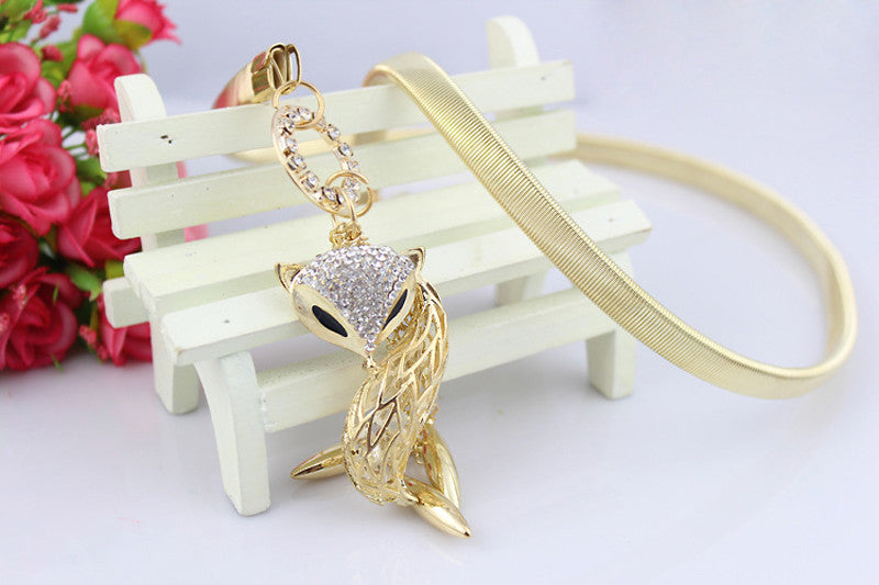 Cute Charming Women Little Fox Stretch Rhinestone Gold Waist Chain Belt