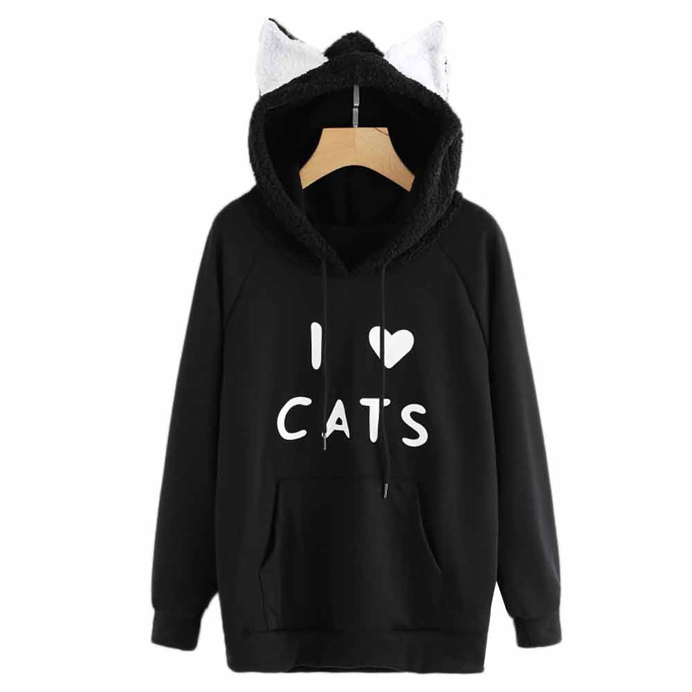 Black Kawaii Anime Sweatshirt Women's Cute Cat Ears Long Sleeve