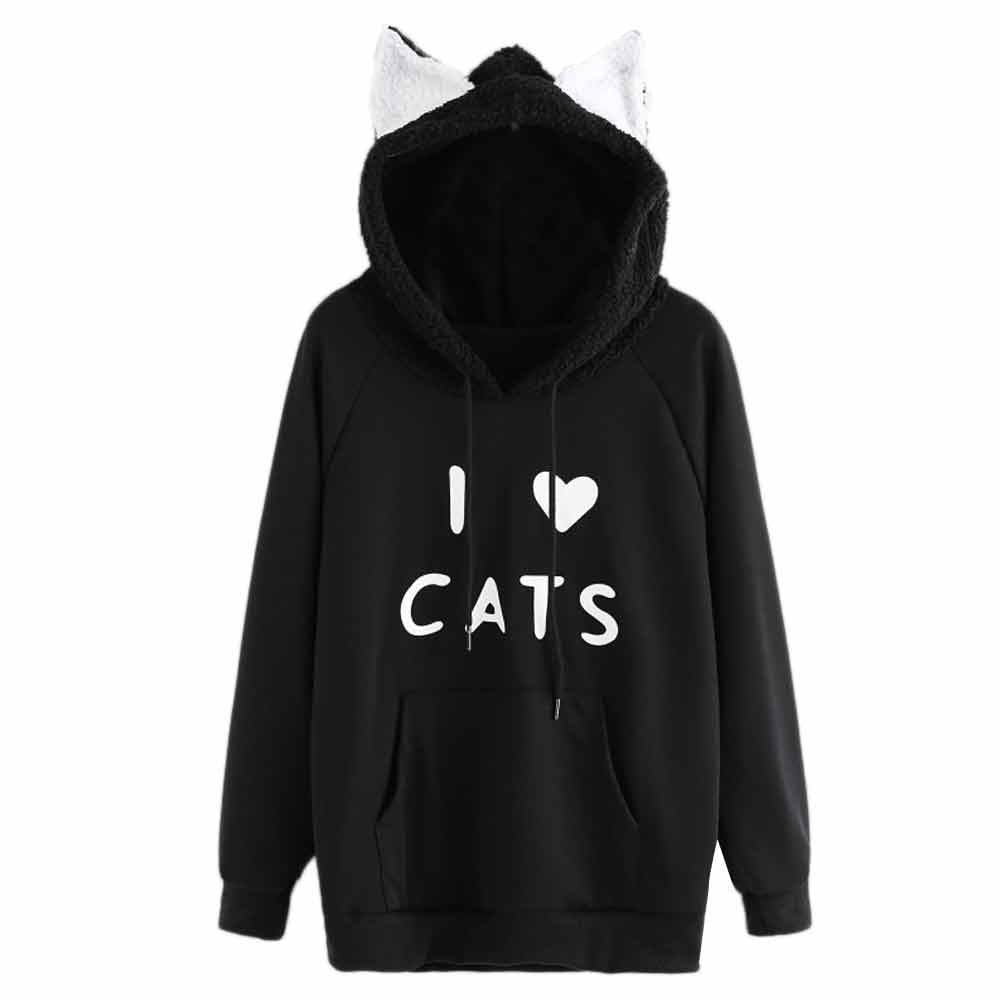 Black Kawaii Anime Sweatshirt Women's Cute Cat Ears Long Sleeve