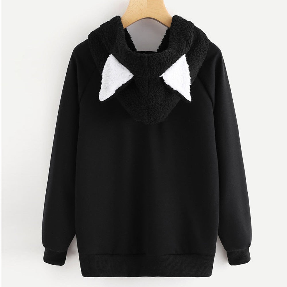 Black Kawaii Anime Sweatshirt Women's Cute Cat Ears Long Sleeve