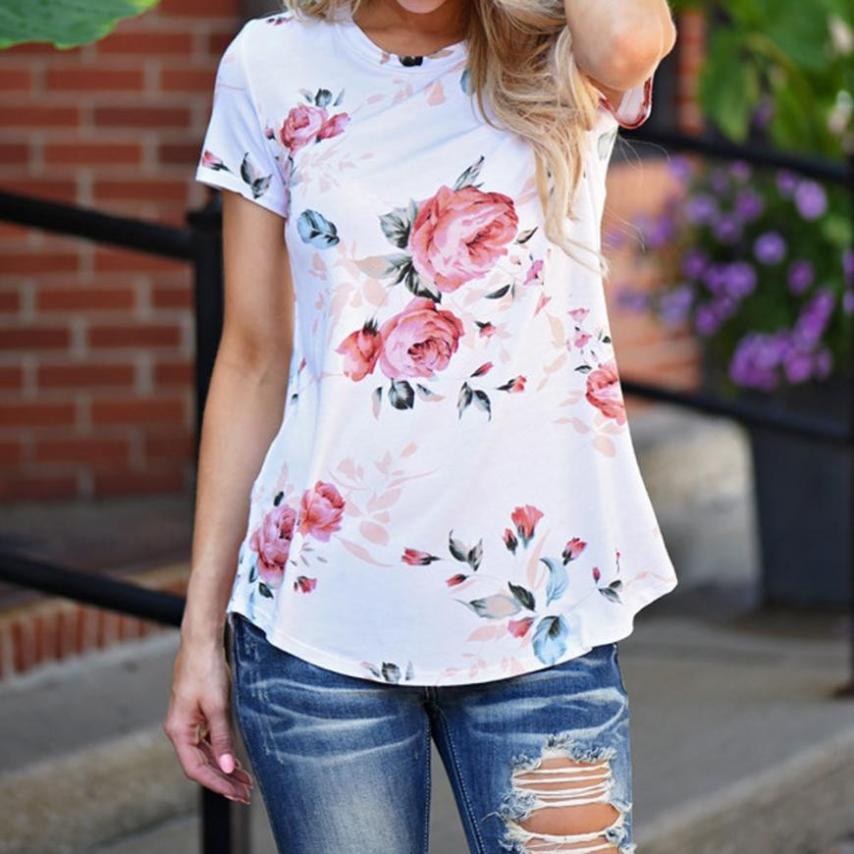 Feitong Women Floral Printed T Shirt Summer Short Sleeve O Neck Tops