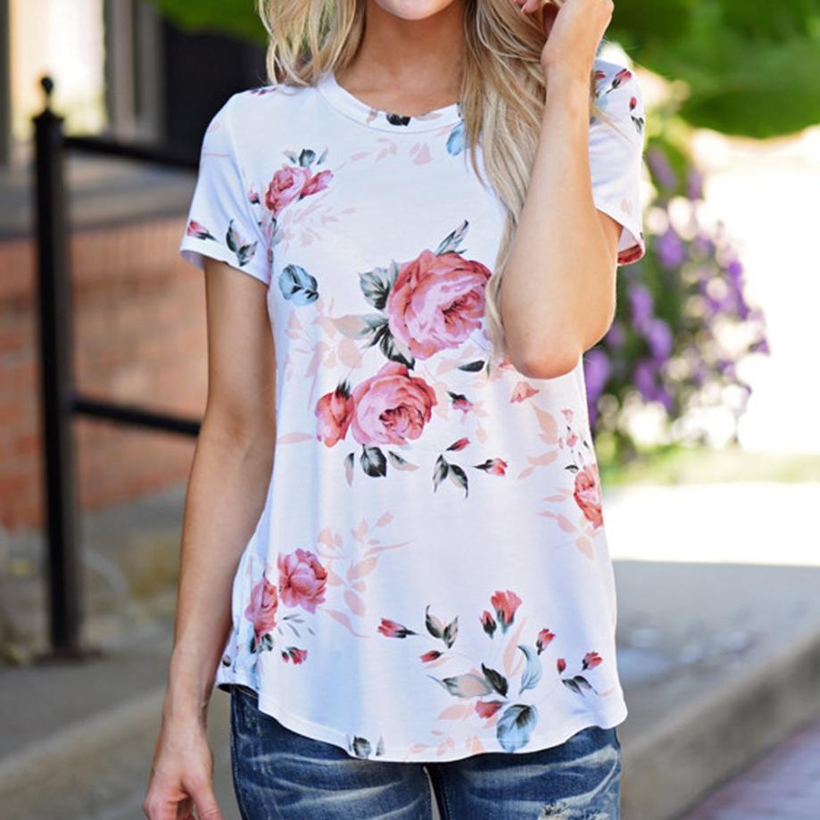 Feitong Women Floral Printed T Shirt Summer Short Sleeve O Neck Tops