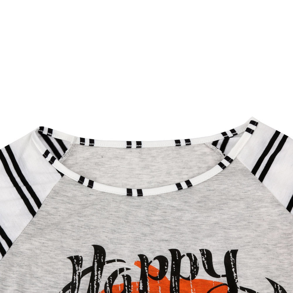 Fashion Happy Halloween Letters Printed T-Shirt Women Striped Patchwork