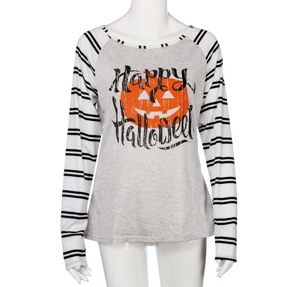 Fashion Happy Halloween Letters Printed T-Shirt Women Striped Patchwork