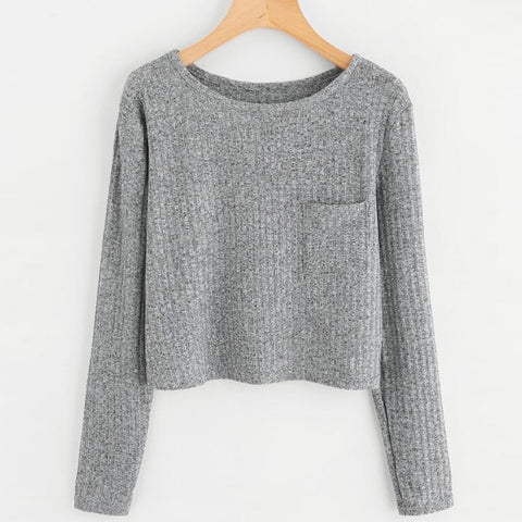 Simple Solid Gray Pocket Pullover Women Autumn Hoodies