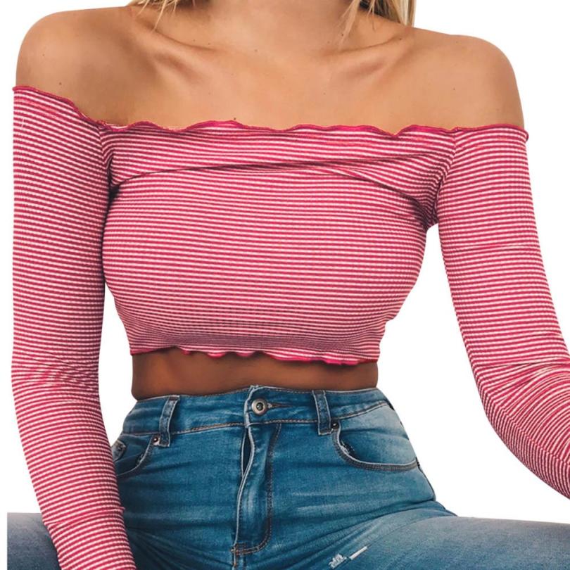 Women Off Shoulder Long Sleeve Striped Loose Tops