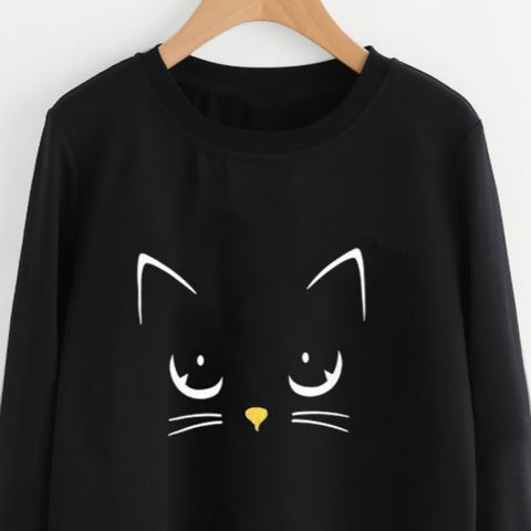 Women Sweatshirts Cute Winter Cat Weater Round Neck Long Sleeve