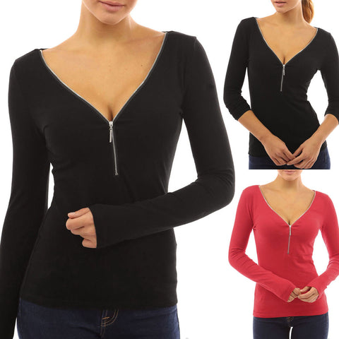 Womens Sexy Zipper Long Sleeve Casual Shirt Tops
