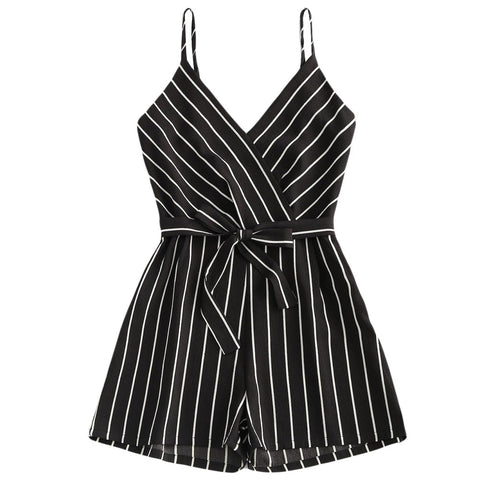 womens jumpsuit Striped Female Rompers Bow Belt V-Neck short Wide leg Straps