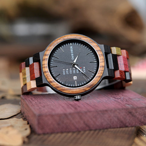 Men Watch Luxury Brand Wood Timepieces Week Date Display Quartz