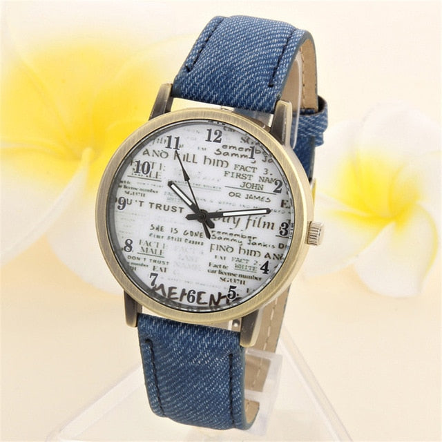 Drop Shipping Retro Letter Print Watch Women Men Denim Jeans Leather