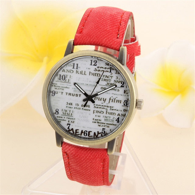 Drop Shipping Retro Letter Print Watch Women Men Denim Jeans Leather