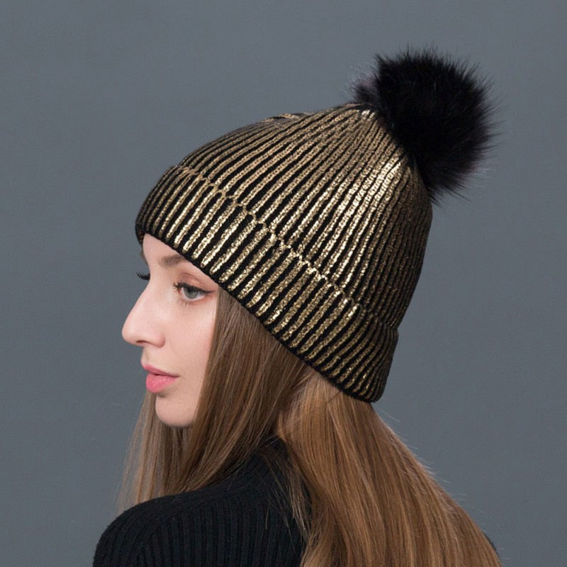 Women Warm Winter Knit Beanies Caps Casual Fur Pom Hats