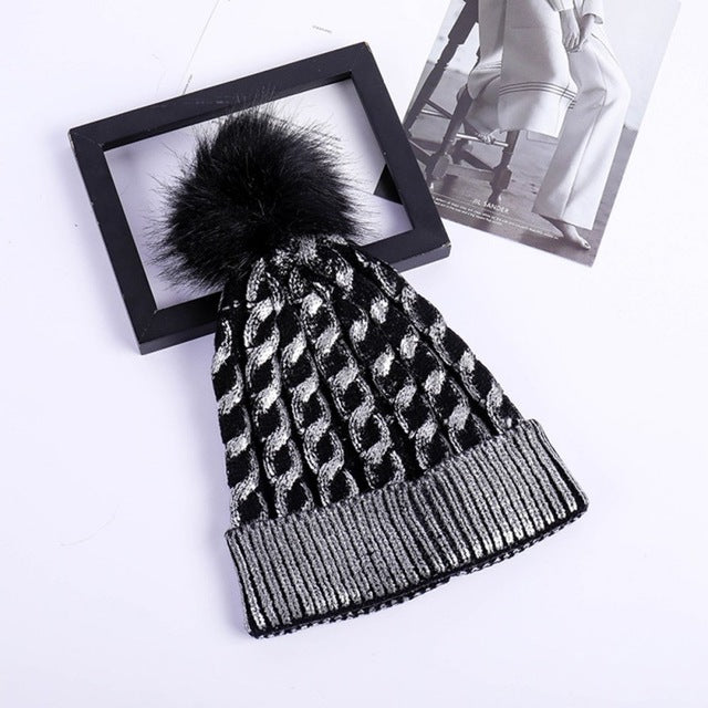 Women Warm Winter Knit Beanies Caps Casual Fur Pom Hats