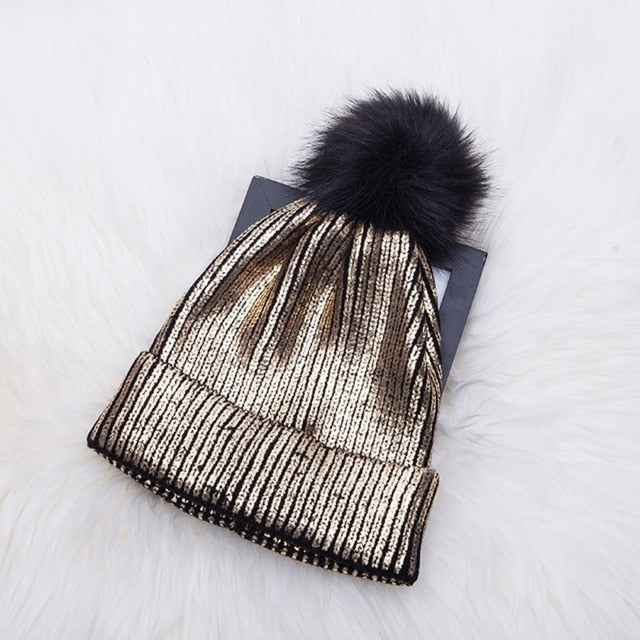 Women Warm Winter Knit Beanies Caps Casual Fur Pom Hats