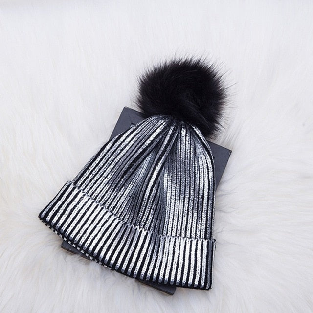 Women Warm Winter Knit Beanies Caps Casual Fur Pom Hats