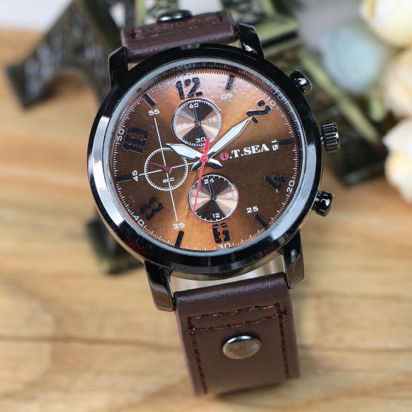 Men Sports Quartz Watch Leather Strap Horloges Round Case