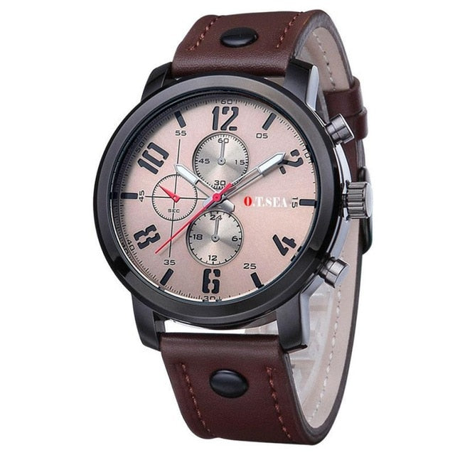 Men Sports Quartz Watch Leather Strap Horloges Round Case