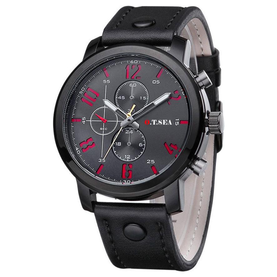 Men Sports Quartz Watch Leather Strap Horloges Round Case