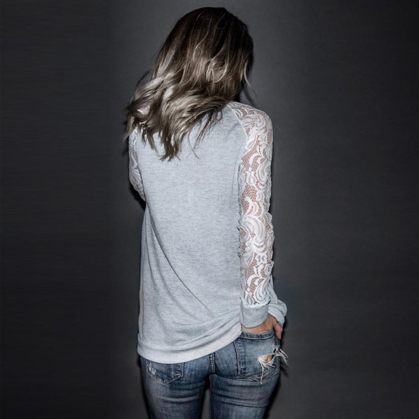 Fashion Womens Casual Lace Long Sleeve Crop O-Neck Pullover T-Shirt Tops