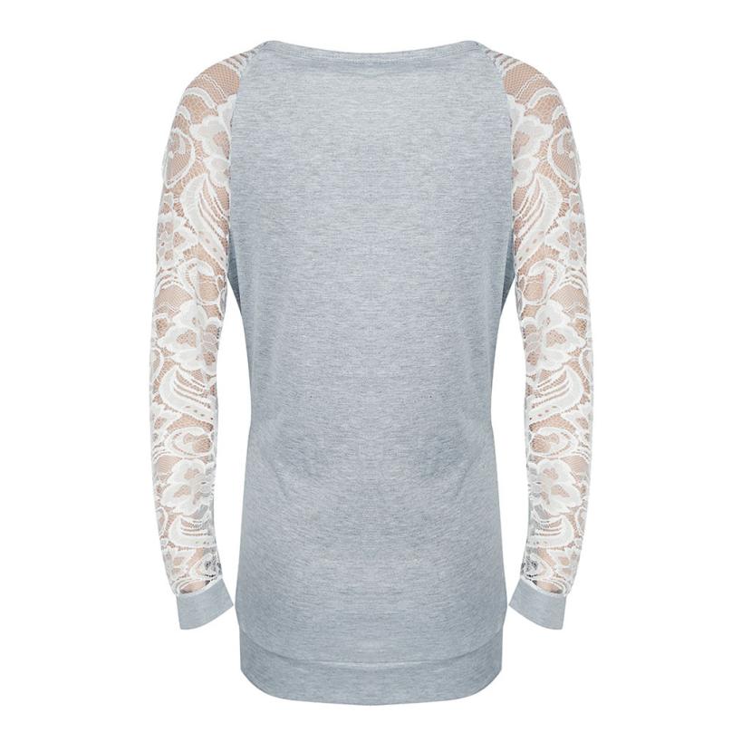 Fashion Womens Casual Lace Long Sleeve Crop O-Neck Pullover T-Shirt Tops